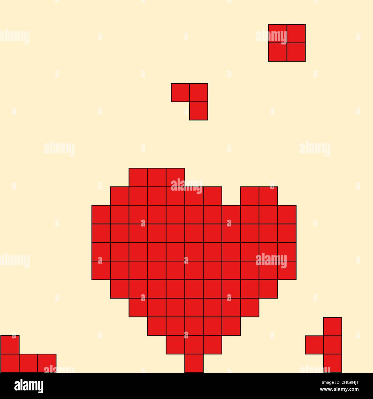 La forma del cuore è stata scomposta in blocchi su sfondo beige. Cuore fatto di blocchi di colore rosso, pixel art Concept. Foto Stock