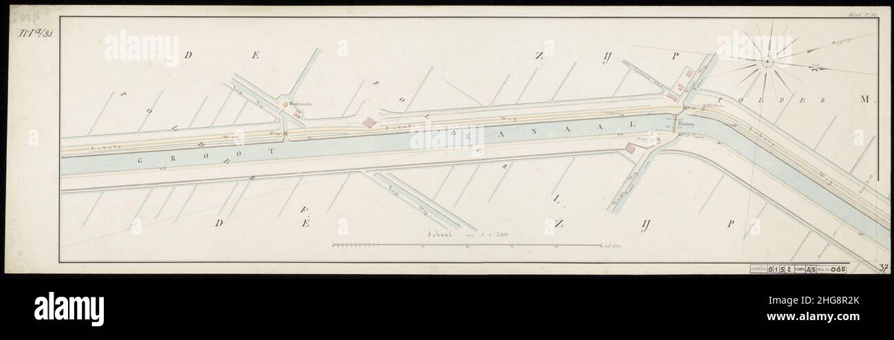 Situatie tekening van het Kanaal gelegen de polders lettera F. en M. onder Zijpe even voor de Ruige weg en Watermolen voorbij de Vlotbrug bij de Burgerweg. Blad 31. West boven. Foto Stock