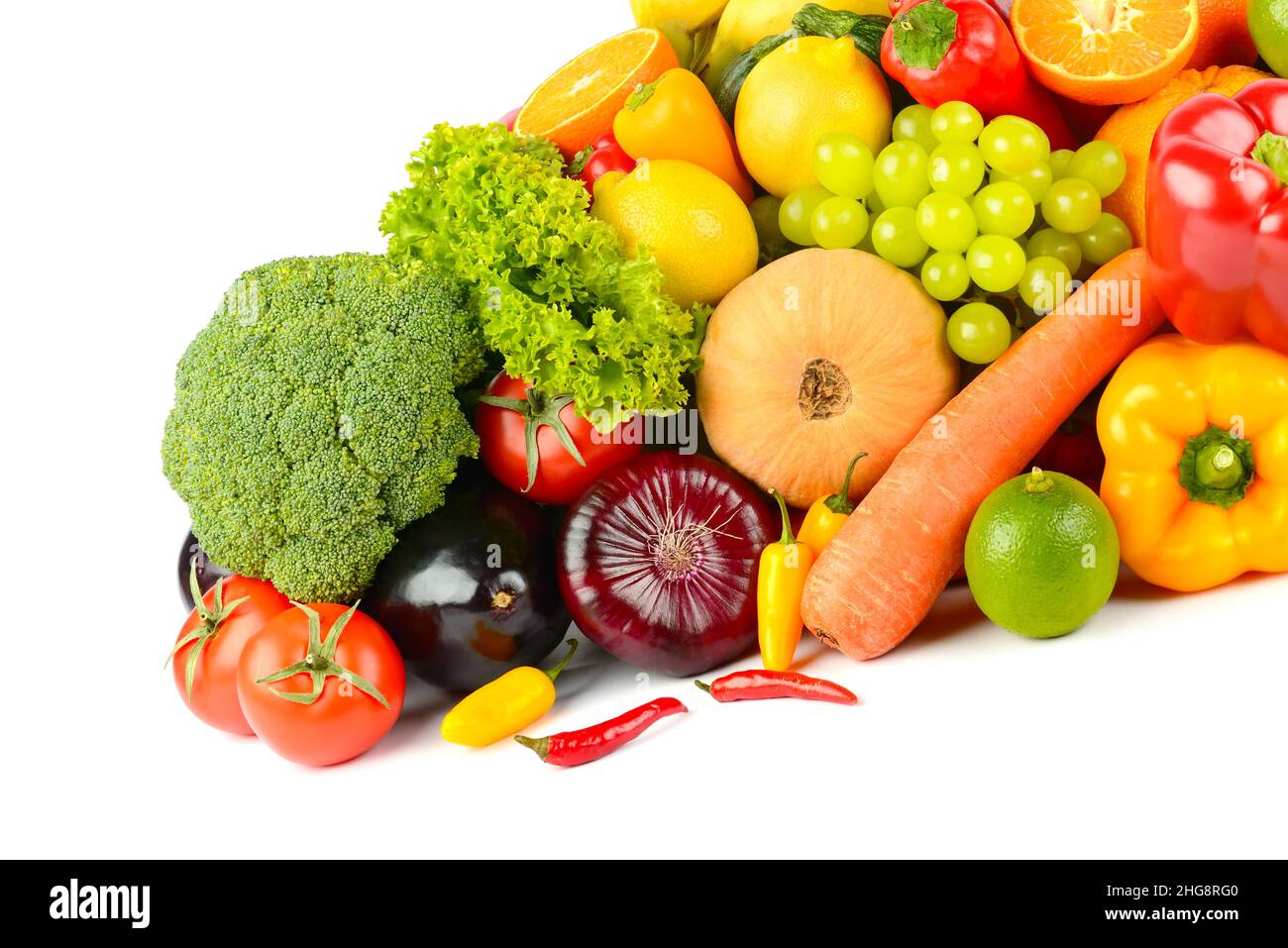 Grande collezione di frutta e verdure sane isolate su sfondo bianco. Foto Stock