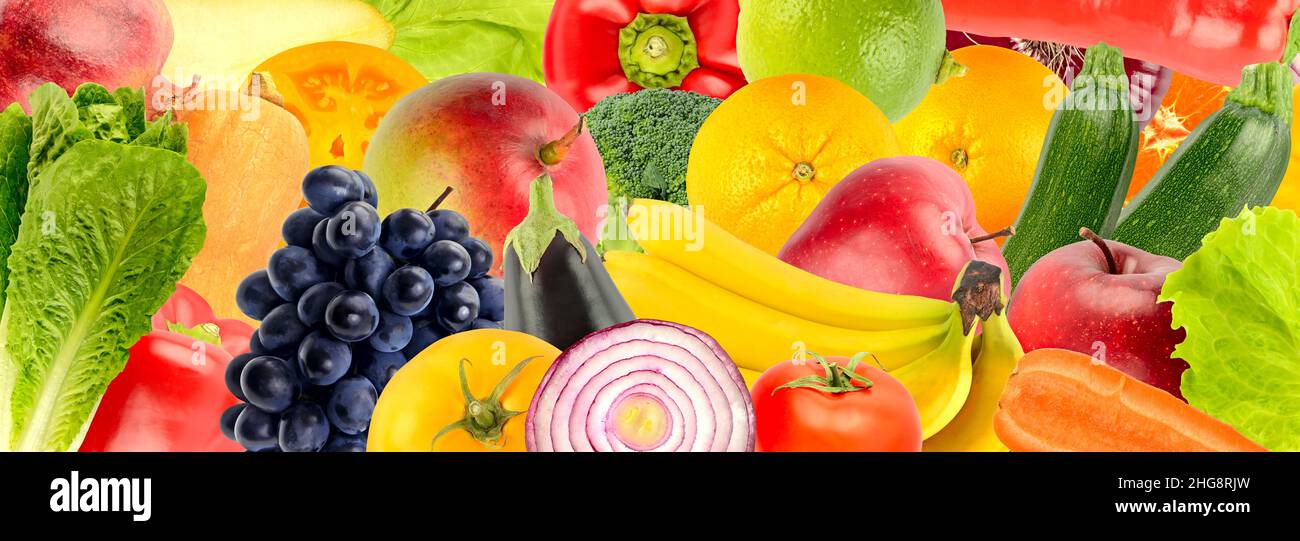 Ampio sfondo frutta e verdura matura e succosa. Foto Stock