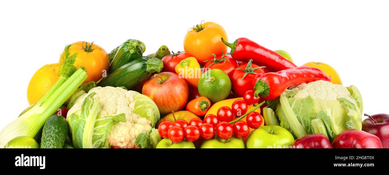 Set di verdure e frutta sane isolato su sfondo bianco. Foto Stock