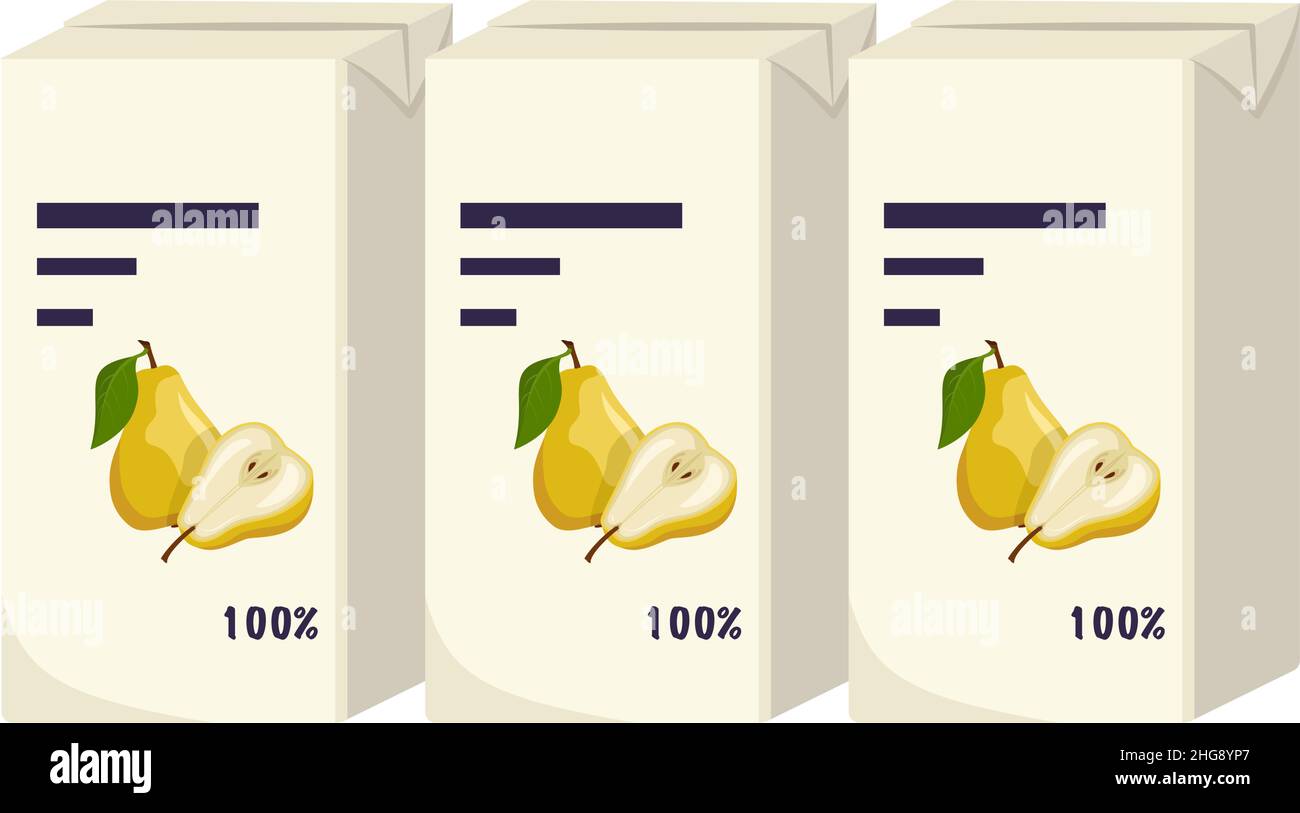 Set di confezioni quadrate di succo di pere gialle con foglie. Dolce bevanda sana, gustoso liquido. Illustrazione piatta vettoriale Illustrazione Vettoriale