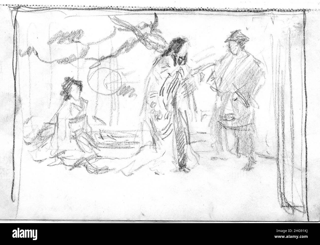 Disegno di Sadayakko in esecuzione a Les Trois Soeurs 1. Foto Stock