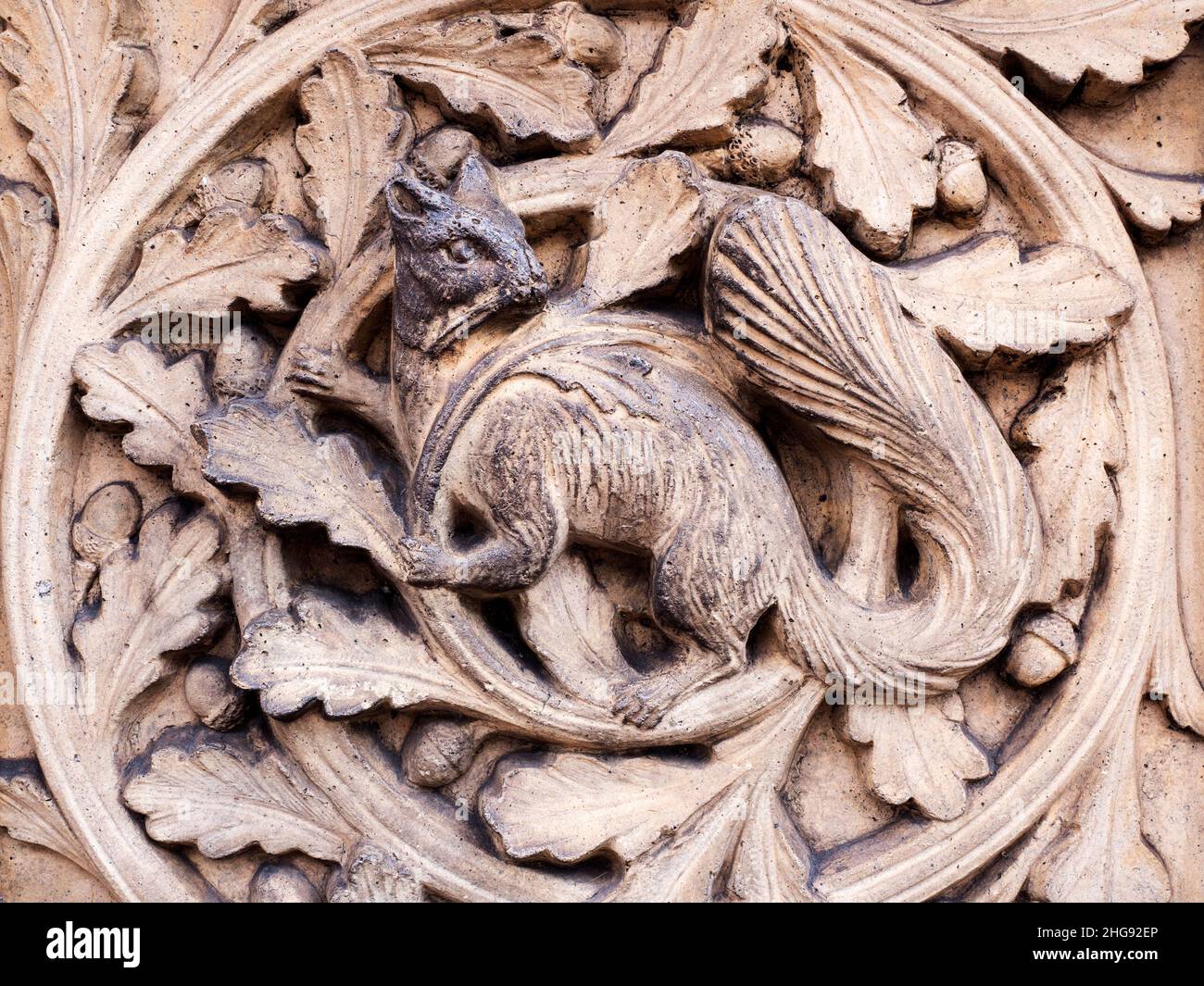 Dettagli di scultura in pietra su un molo d'ingresso al Museo di Storia Naturale Cromwell Road Borough di Kensington e Chelsea London Inghilterra Foto Stock