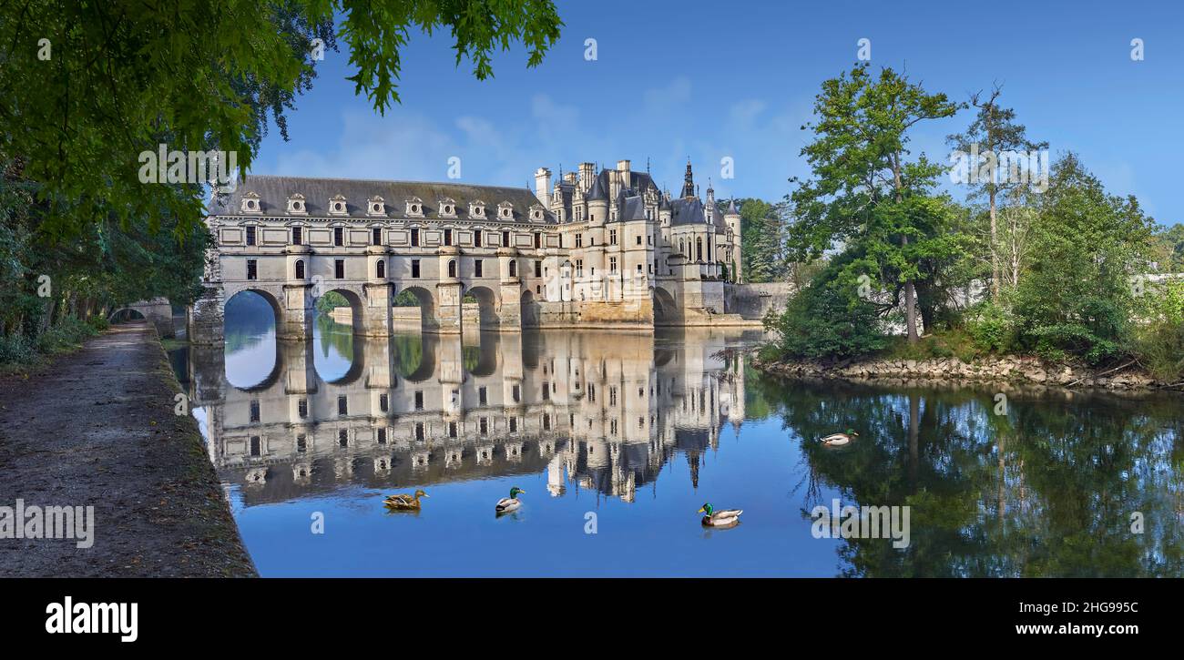 Il Renaissance Chateau de Chenonceau che attraversa il fiume Cher, Indre-et-Loire, costruito nel 1514–1522. Il ponte sul fiume è stato costruito (1556-1559) a. Foto Stock