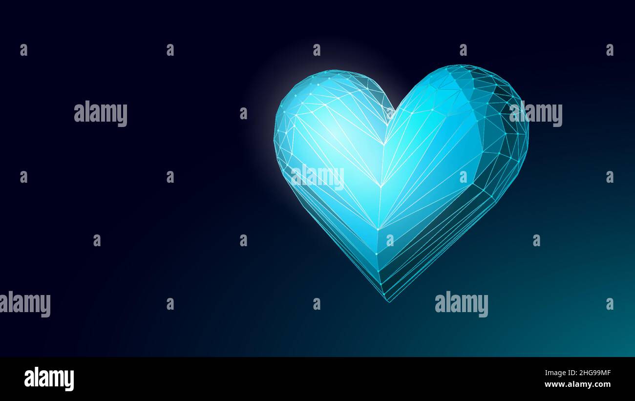 3D forma del cuore incandescente blu. Romantico simbolo d'amore. Mesh di illustrazione vettoriale del modello di biglietto di auguri di San Valentino Illustrazione Vettoriale