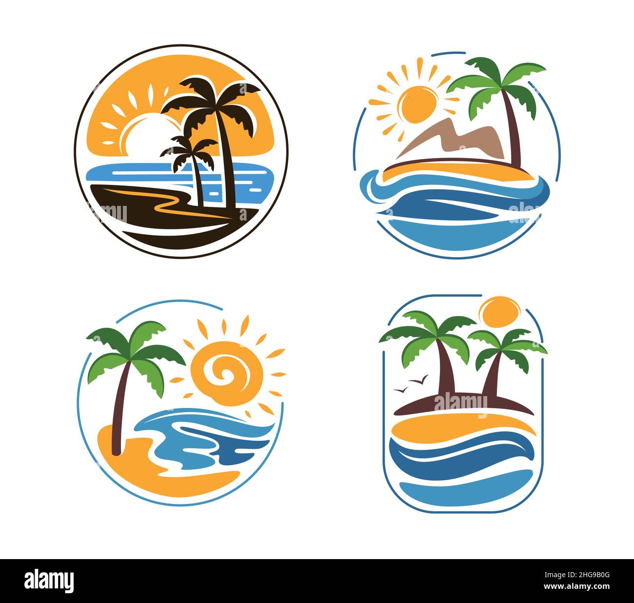 Logo Palm SEA Beach. Etichette, badge, set di emblemi per le vacanze estive Illustrazione Vettoriale