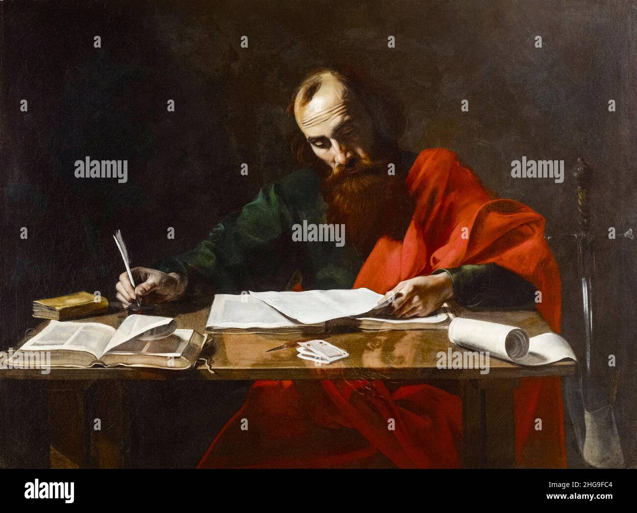 San Paolo scrive le sue Epistole, dipinto di Valentin de Boulogne, 1618-1620 Foto Stock