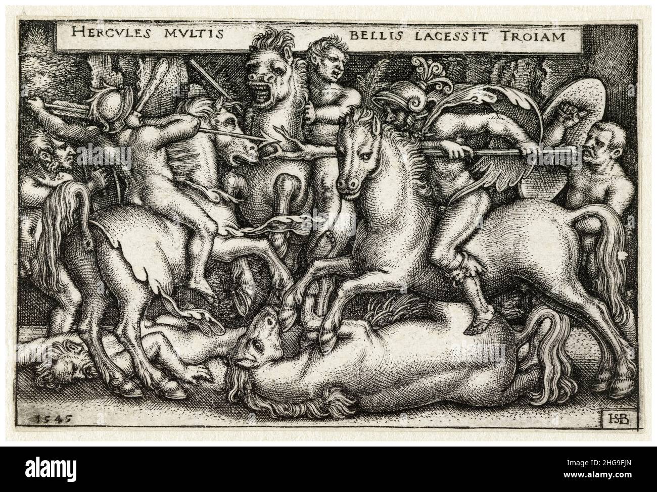 Ercole che combattono i Troiani, incisione di Sebald Beham, 1545 Foto Stock