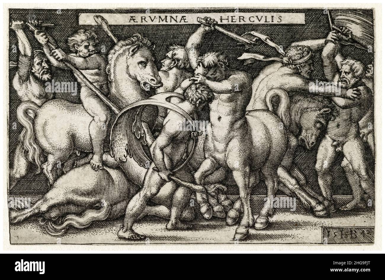 Ercole combattendo Centauri, incisione di Sebald Beham, 1542 Foto Stock