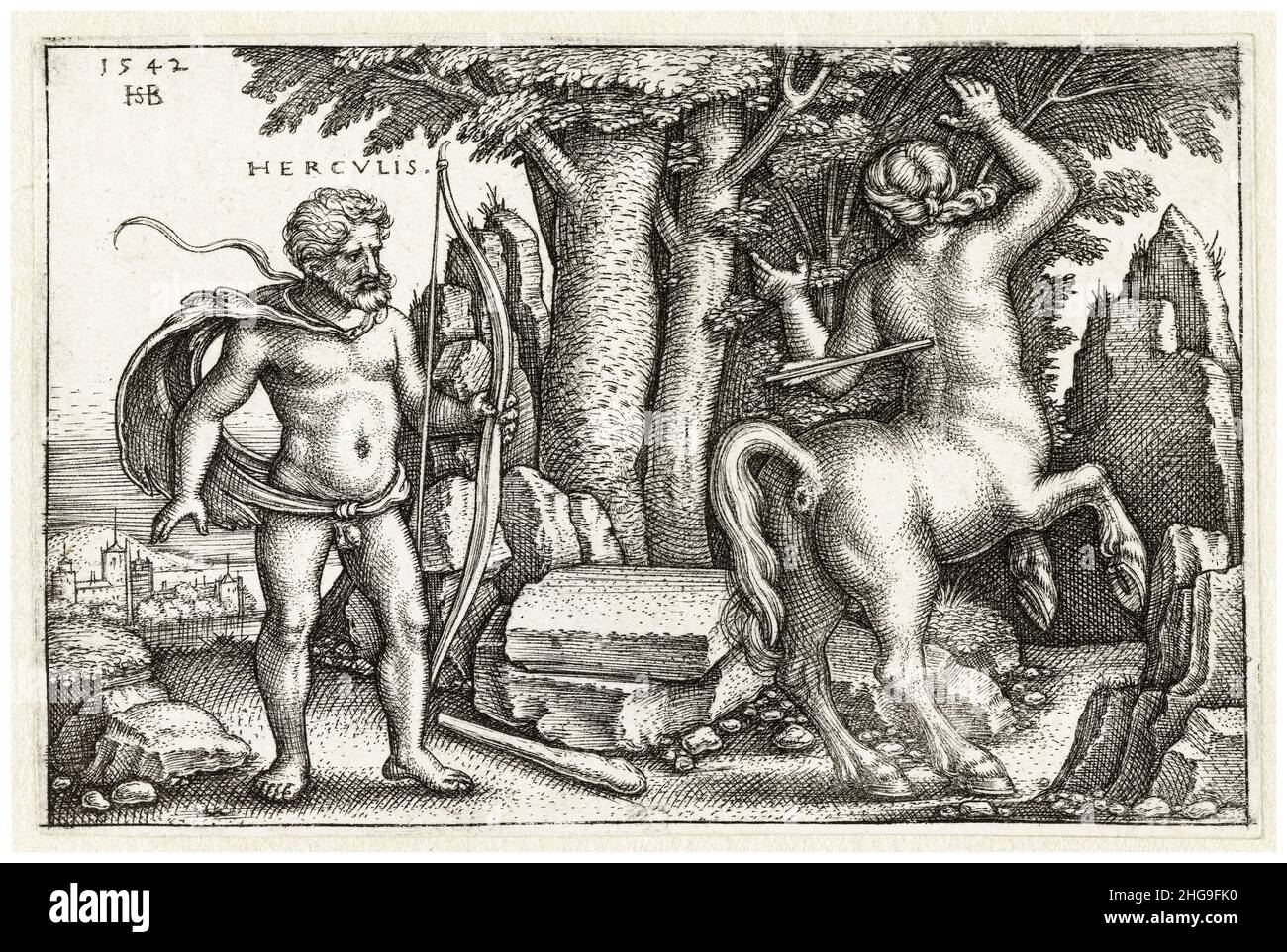 Hercules uccide Nessus il Centauro, incisione di Sebald Beham, 1542 Foto Stock