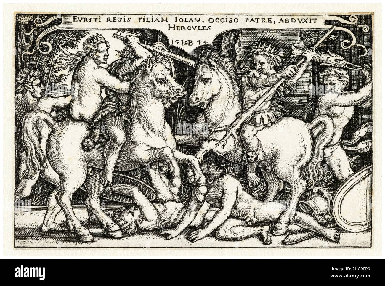 Hercules rapisce Iole, incisione di Sebald Beham, 1544 Foto Stock