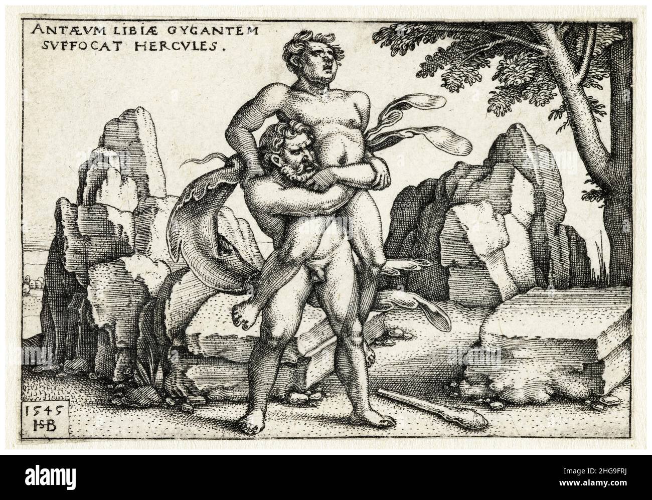 Ercole wrestles con Antaeus, incisione di Sebald Beham, 1545 Foto Stock