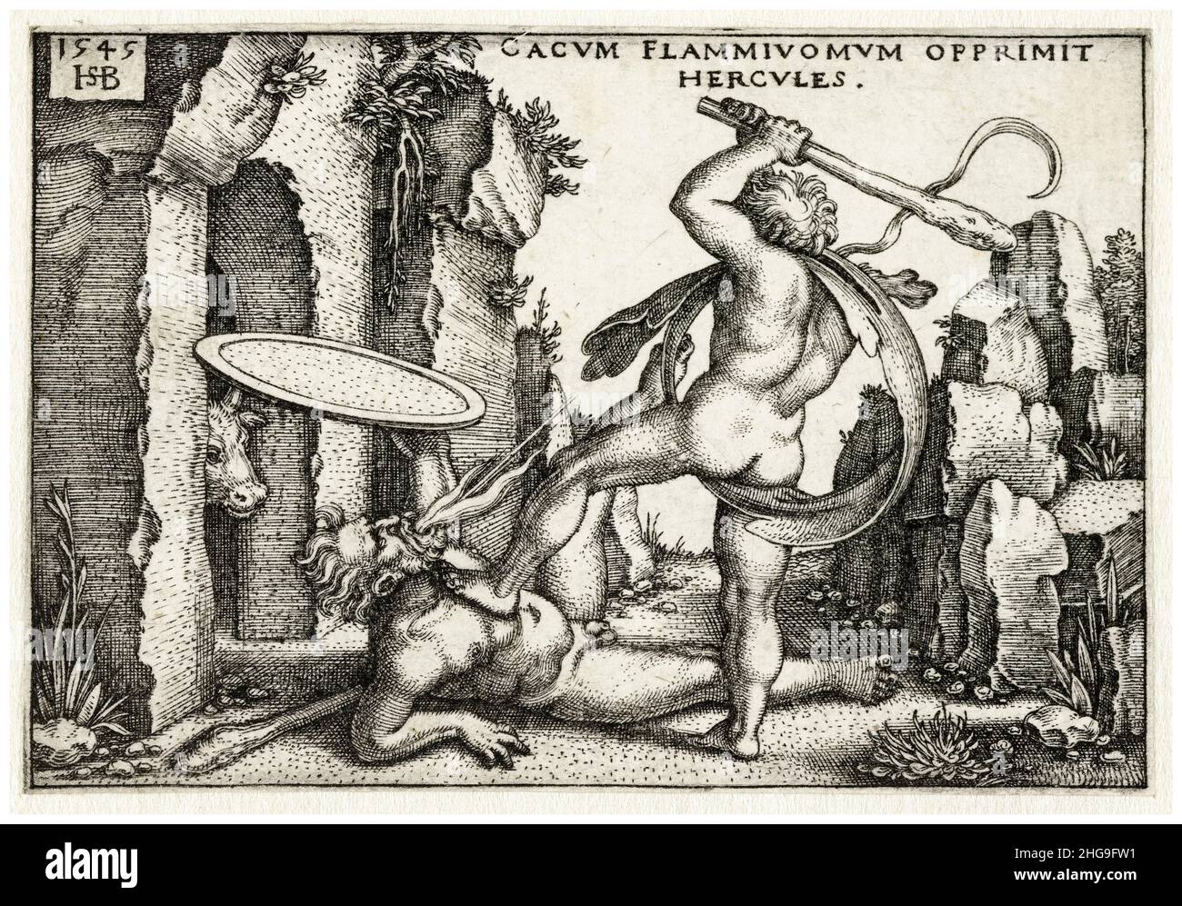 Ercole uccidendo il Caco che respira il fuoco, incisione di Sebald Beham, 1545 Foto Stock