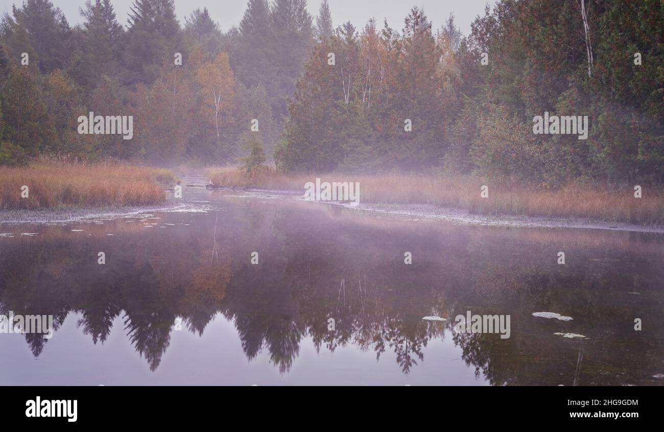 Una nebbia/nebbia al mattino presto sull'acqua su una terra di Door County mi trovo vicino a Sister Bay, a Door County Wisconsin. Foto Stock