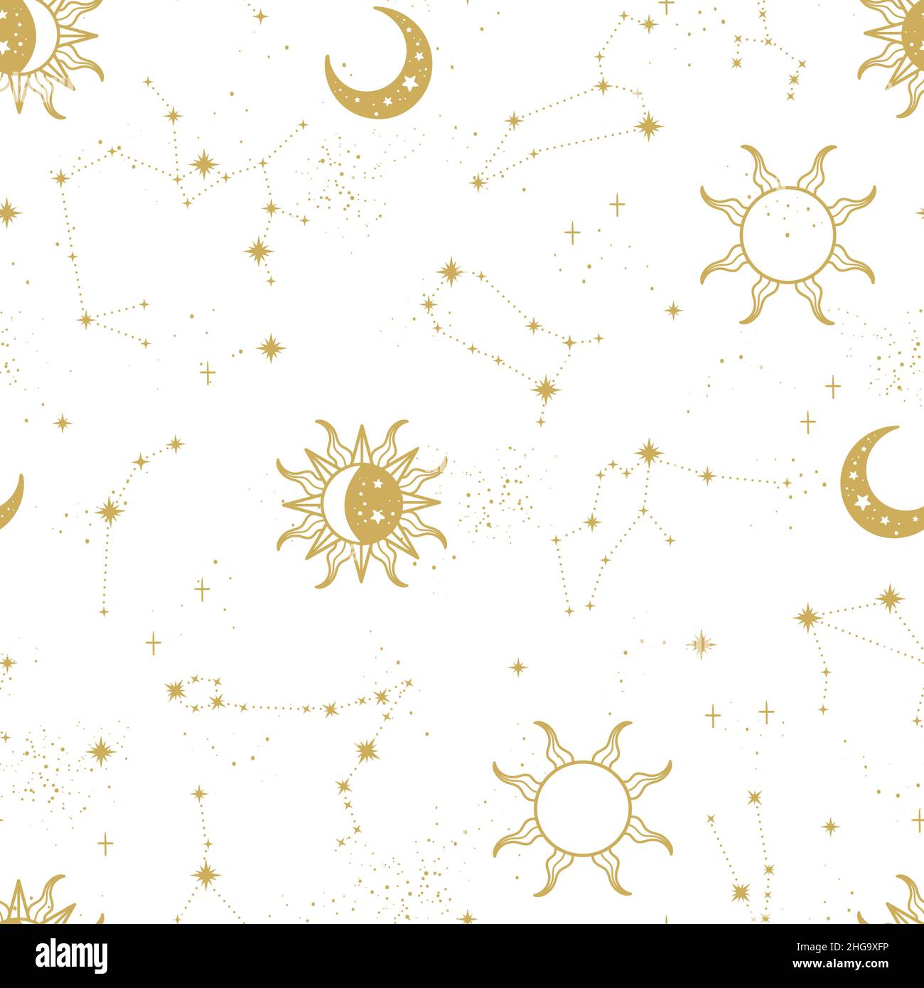 Astrologia trendy modello senza giunture, sfondo zodiaco disegnato a mano, stelle, luna, spazio, grande per tessuti, sfondi, superfici - disegno vettoriale Illustrazione Vettoriale
