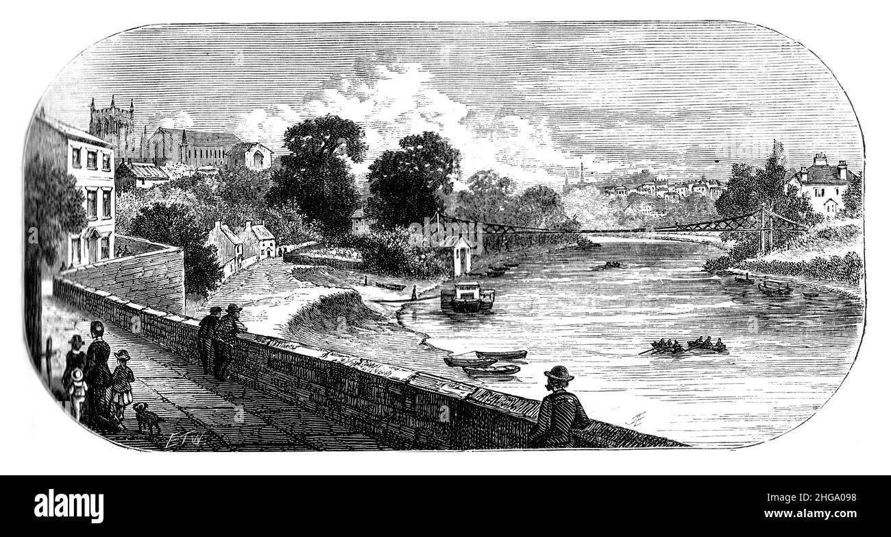 Illustrazione in bianco e nero; Chester ha vieewed dalle mura della città. Queen's Park Bridge e il fiume Dee. c1880 Foto Stock