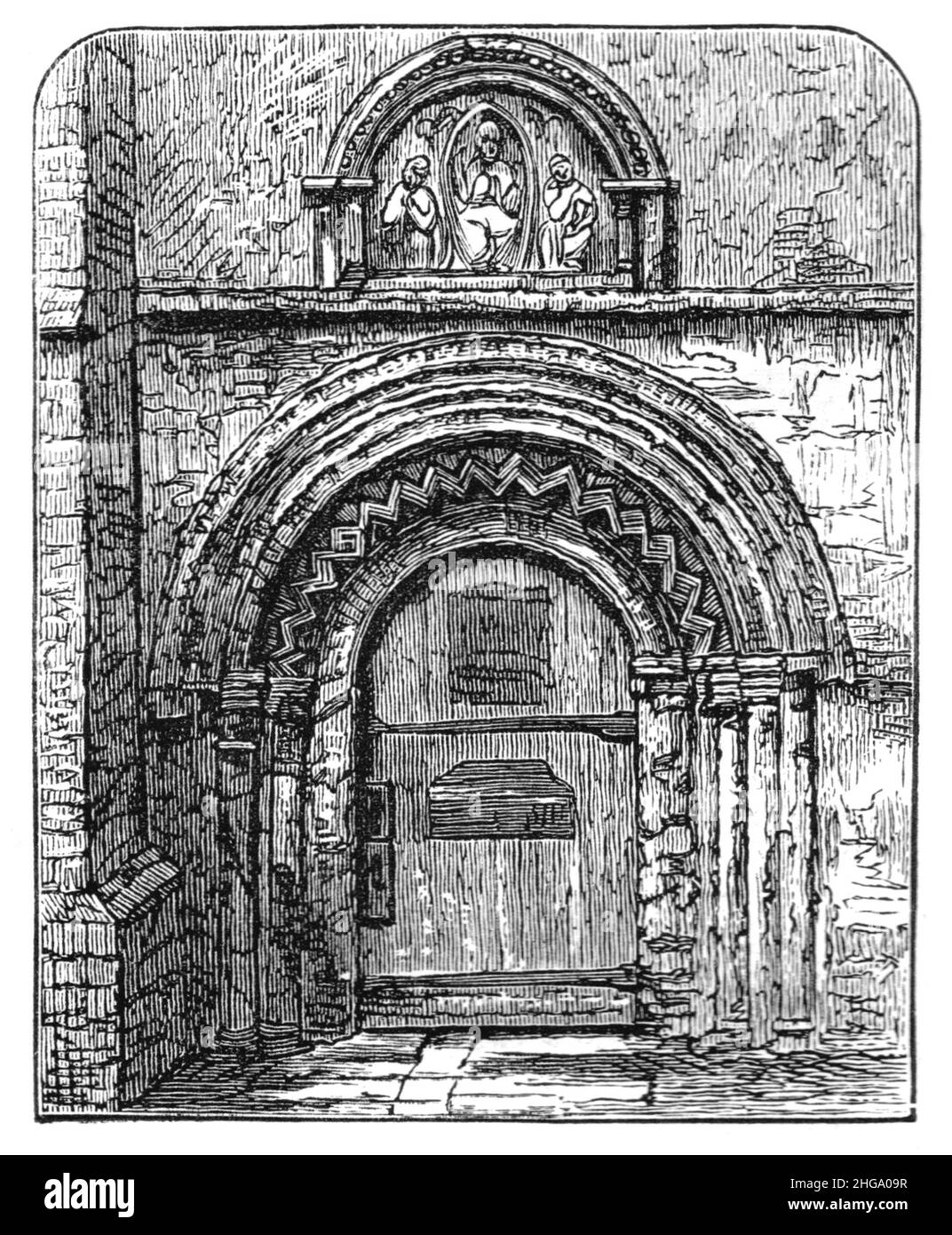 Illustrazione in bianco e nero; Norman North Door of Elstow Abbey Church, Bedford Foto Stock