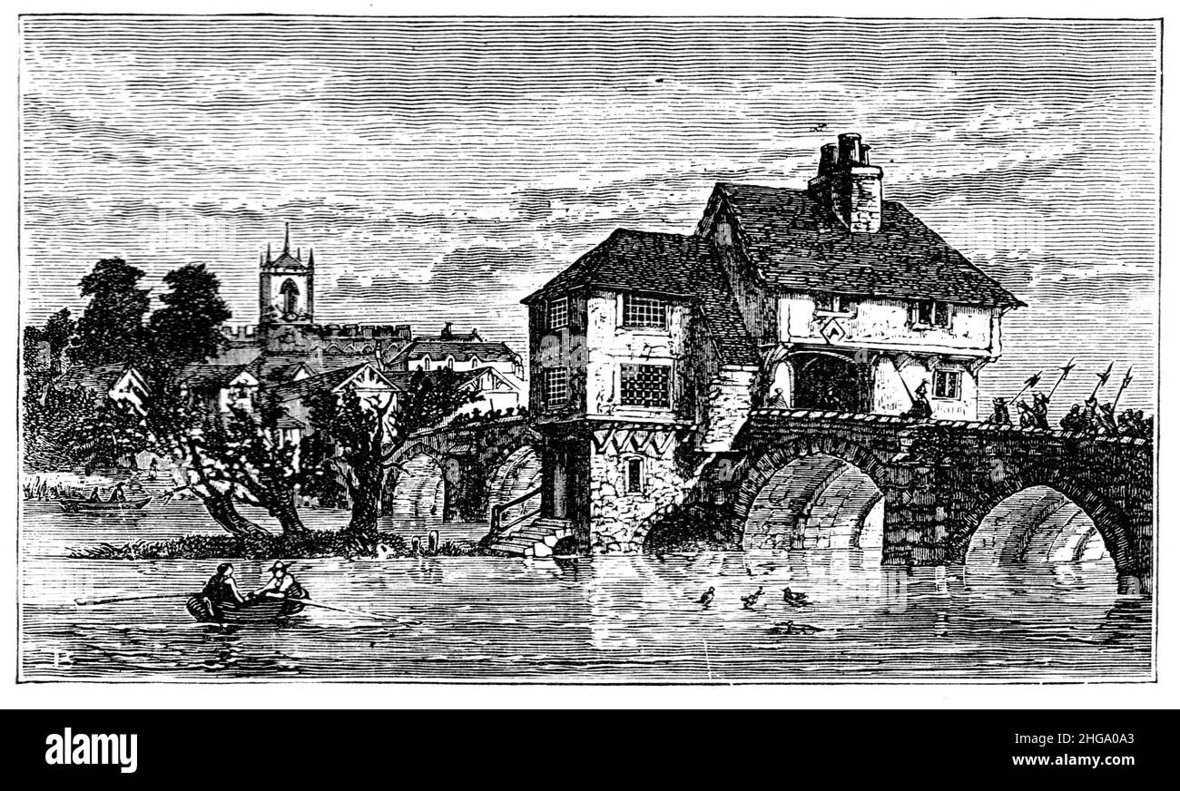 Illustrazione in bianco e nero; carcere di Old Bedford nel 17th secolo sul ponte dove John Bunyan è stato imprigionato; Foto Stock