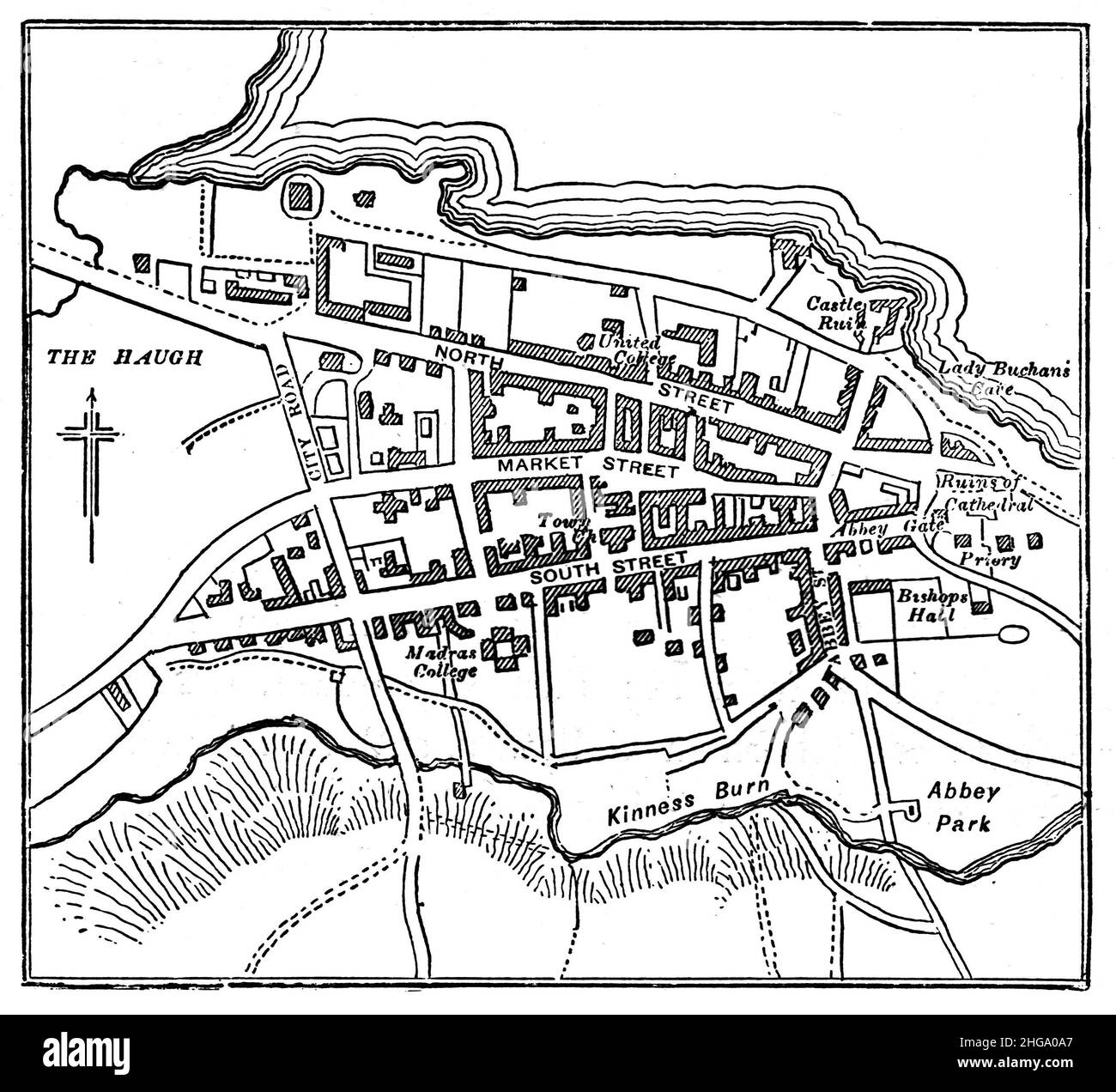 Illustrazione in bianco e nero; Mappa di St Andrew's, Fife, Scozia. Intorno al 1880 Foto Stock