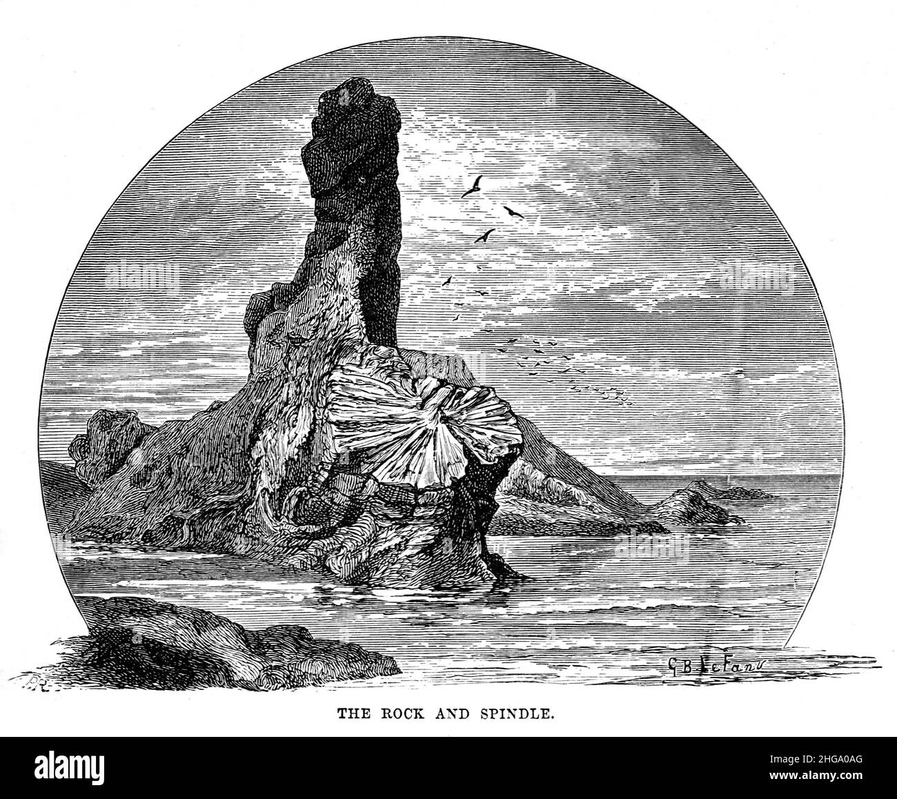Illustrazione in bianco e nero; la roccia e il fuso, una formazione vulcanica sulla costa vicino alla Scozia di St Andrew, circa 1880 Foto Stock