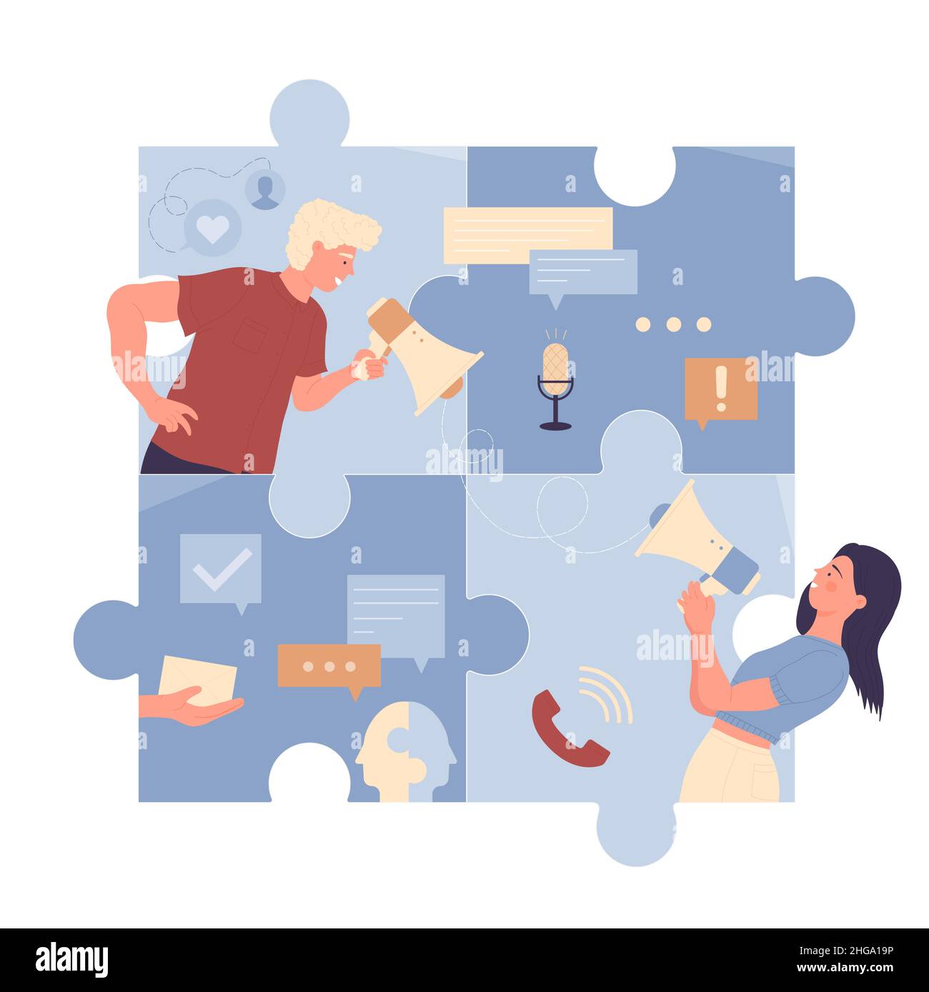 Comunicazione di coppie con megaphones illustrazione vettoriale. L'uomo e la donna del cartone animato che tiene gli altoparlanti e urla, il discorso o la discussione del boyfriend e della ragazza all'interno dei pezzi del puzzle Illustrazione Vettoriale