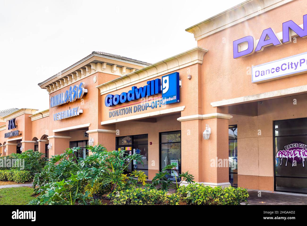 Napoli, USA - 27 gennaio 2021: Buona volontà prosperare negozio di affari in Florida con segno per Dance City e Animal Oasis veterinario all'ingresso di s. Foto Stock