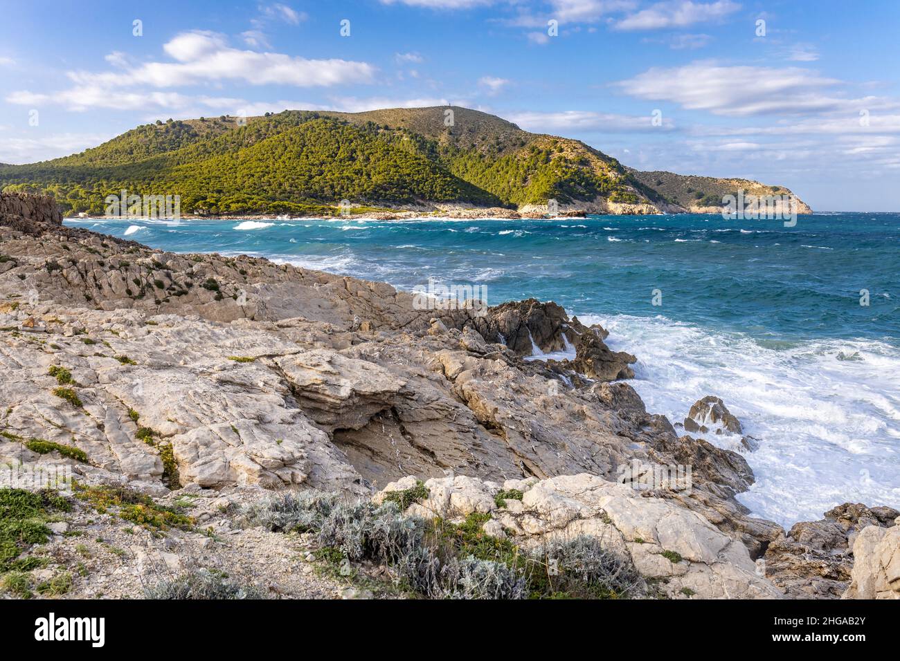 Costa di Cala Rajada, Capdepera, con vista sulla montagna es Telégraf a Maiorca, Maiorca, Isole Baleari, Spagna Foto Stock