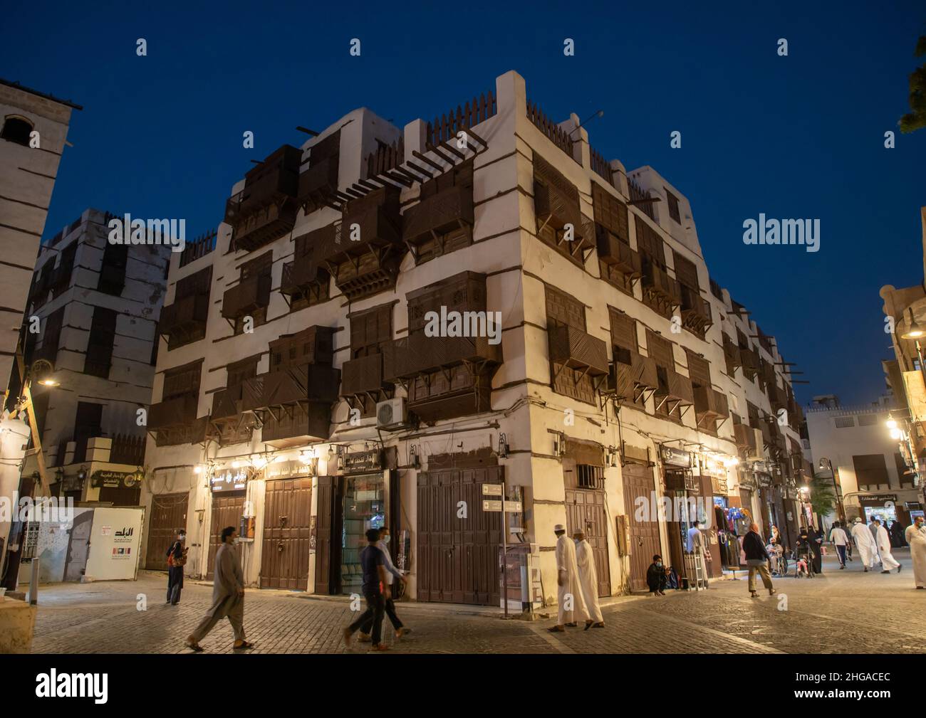 Vecchia casa in legno mashrabiya di al-Balad trimestre, Mecca provincia, Jeddah, Arabia Saudita Foto Stock