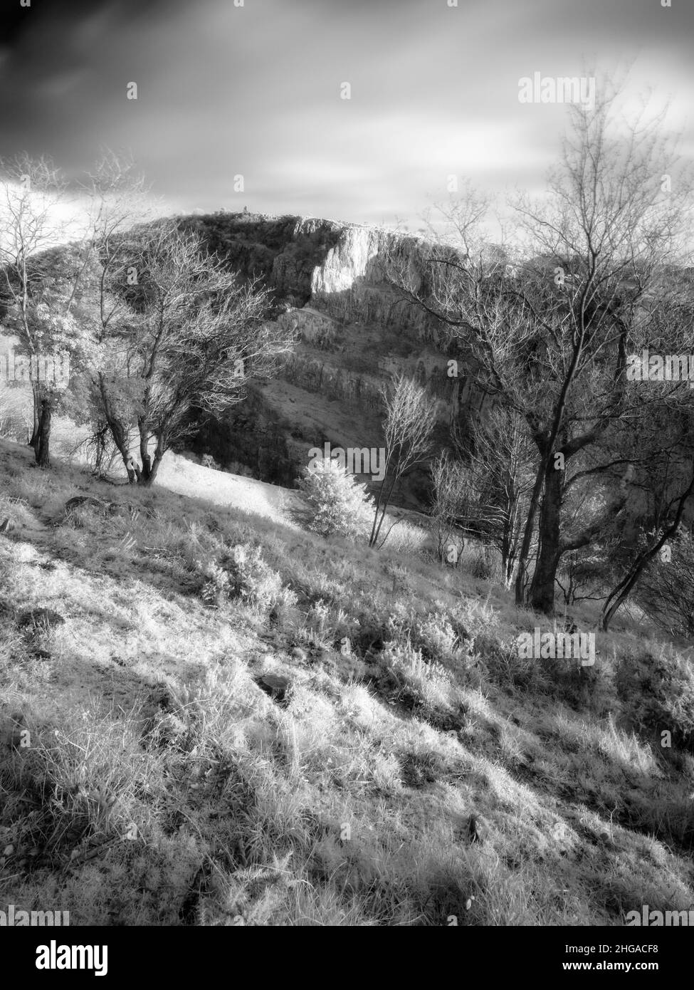 Una fotografia a infrarossi della gola di Cheddar nelle colline di Mendip, Somerset, Inghilterra. Foto Stock