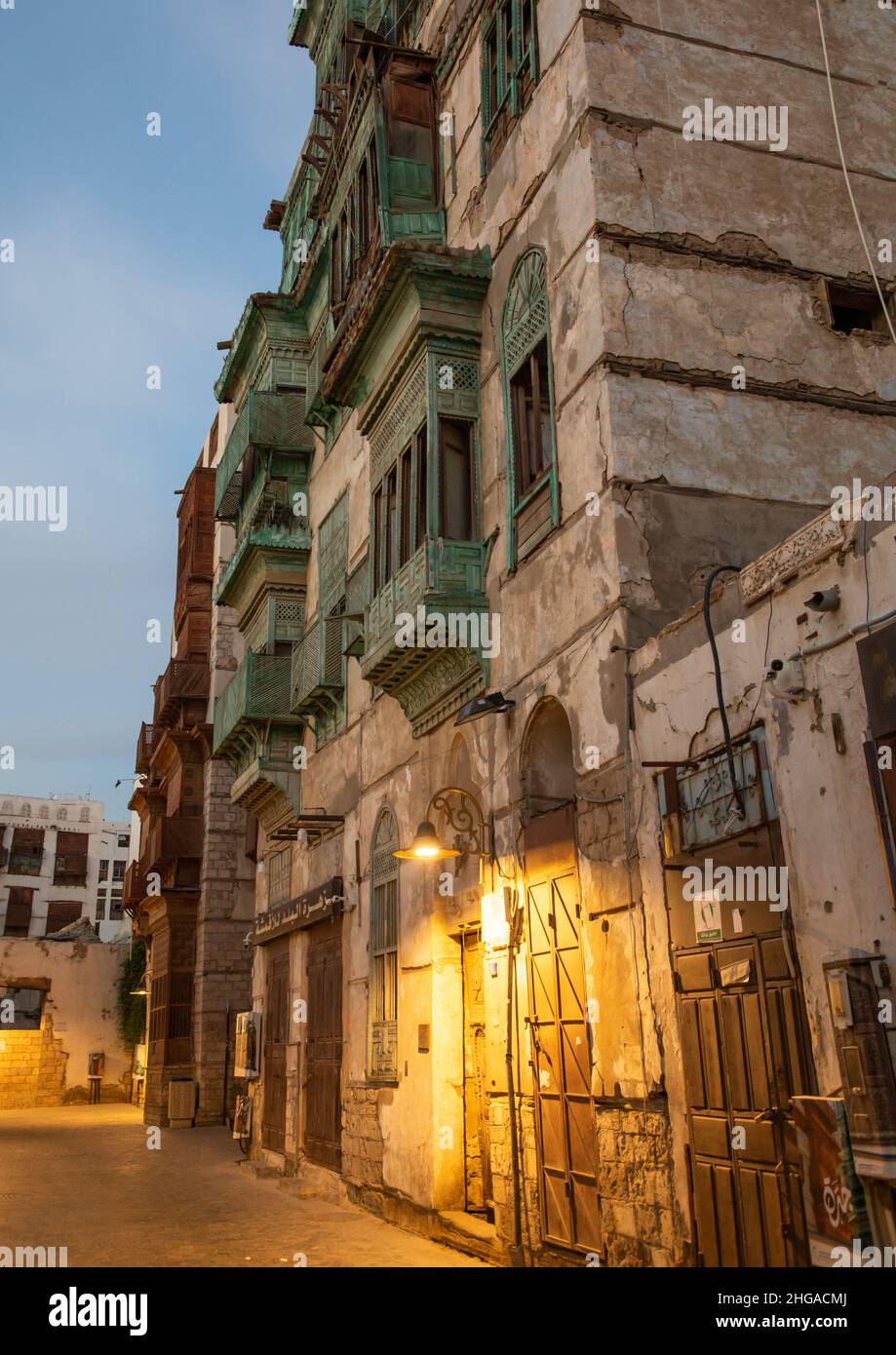 Vecchia casa in legno mashrabiya di al-Balad trimestre, Mecca provincia, Jeddah, Arabia Saudita Foto Stock
