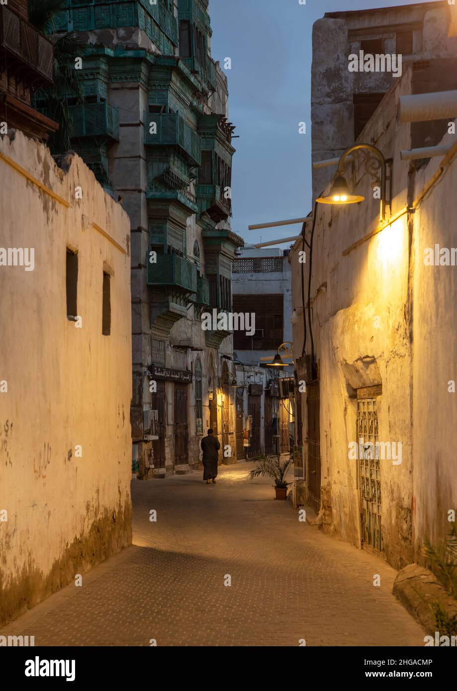 Vecchia casa in legno mashrabiya di al-Balad trimestre, Mecca provincia, Jeddah, Arabia Saudita Foto Stock