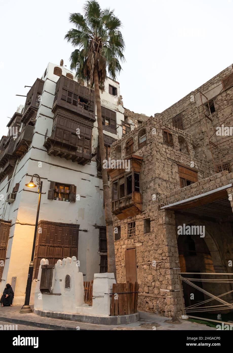 Vecchia casa in legno mashrabiya di al-Balad trimestre, Mecca provincia, Jeddah, Arabia Saudita Foto Stock