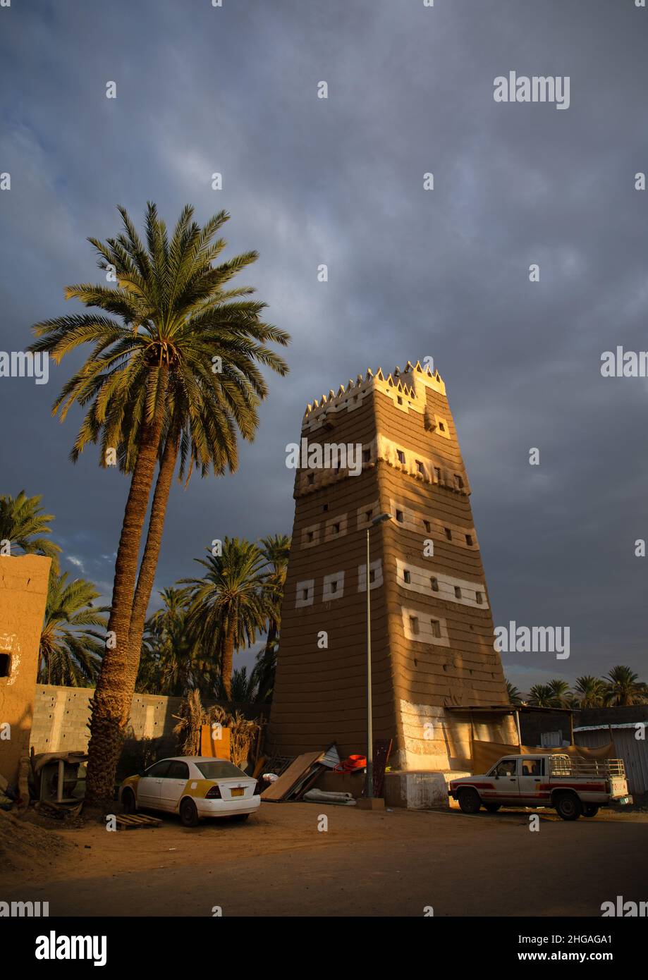 Tradizionale vecchia casa di fango con palme, provincia di Najran, Najran, Arabia Saudita Foto Stock