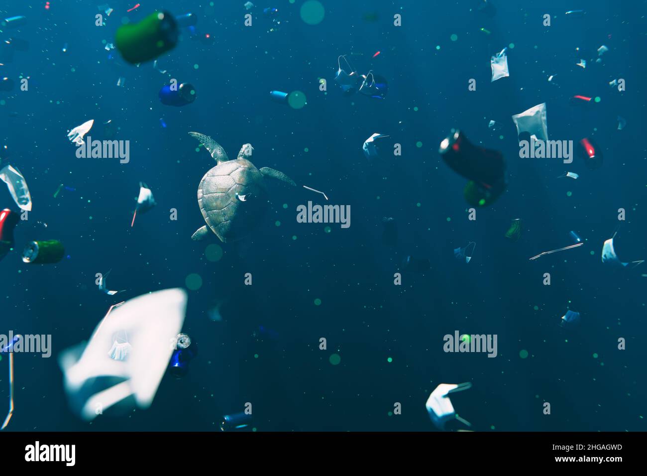 Inquinamento da rifiuti nel problema ambientale degli oceani. Tartaruga marina nuota attraverso rifiuti scartati. 3D Illustrazione Foto Stock