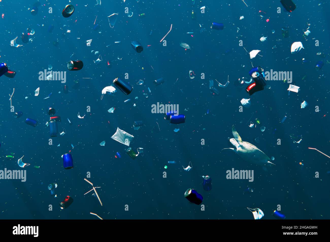 Inquinamento da rifiuti nel problema ambientale degli oceani. Tartaruga marina nuota attraverso rifiuti scartati. 3D Illustrazione Foto Stock