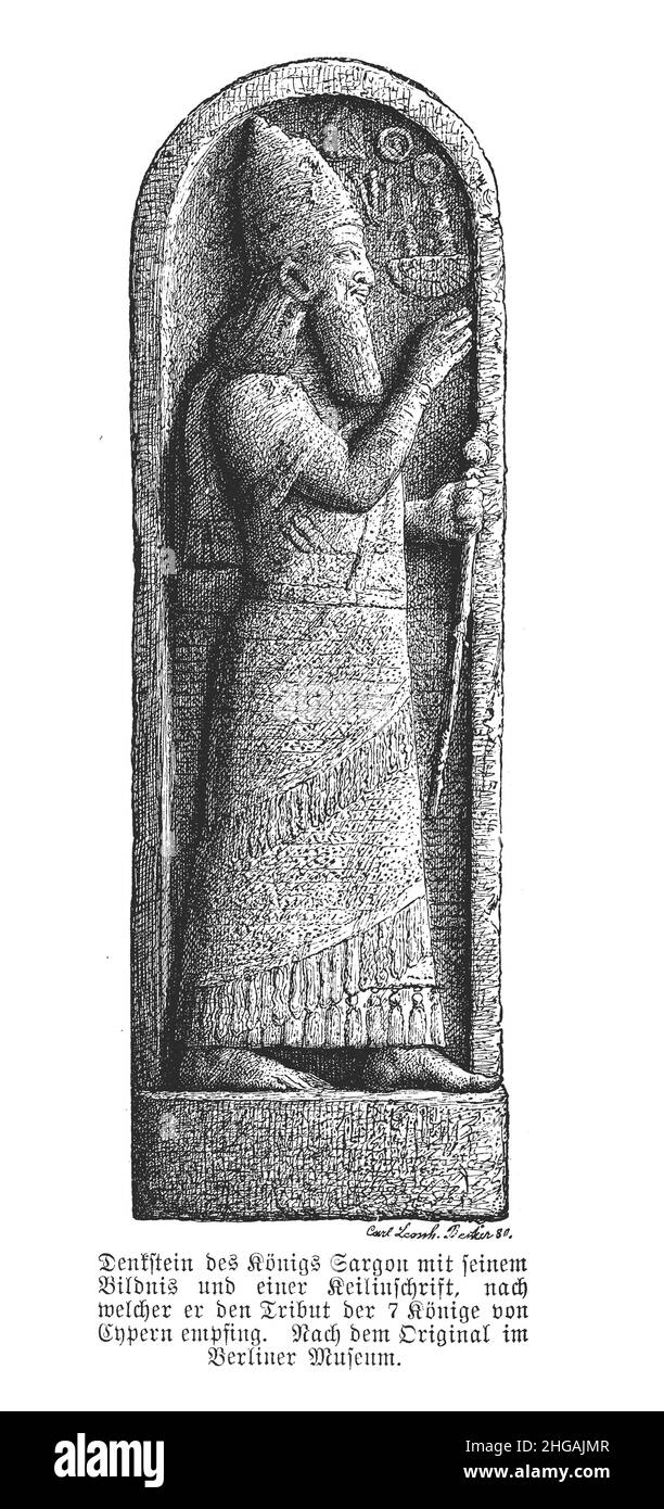 Il Sargon Stele del tempo del re assiro Sargon II trovato a Cipro e ora al Pergamon Museum di Berlino Foto Stock