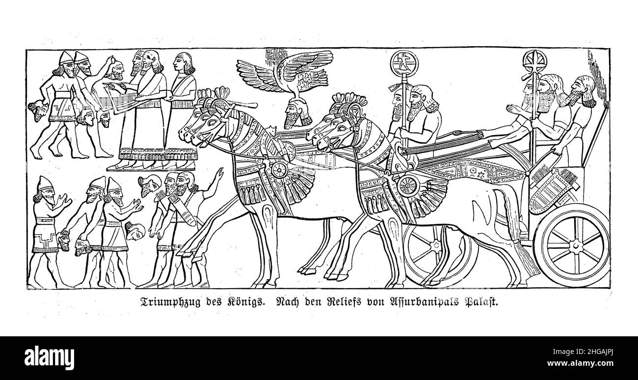 Il rilievo del palazzo del re Ashurbanipal rappresenta la parata trionfale del re sul carro, Impero Neo-Assiro Foto Stock