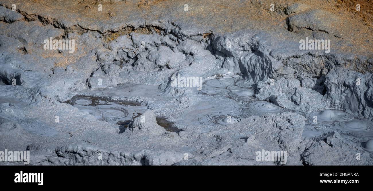 Fango gorgogliante, campo geotermico vulcanico, Myvatn, Islanda settentrionale, Islanda Foto Stock