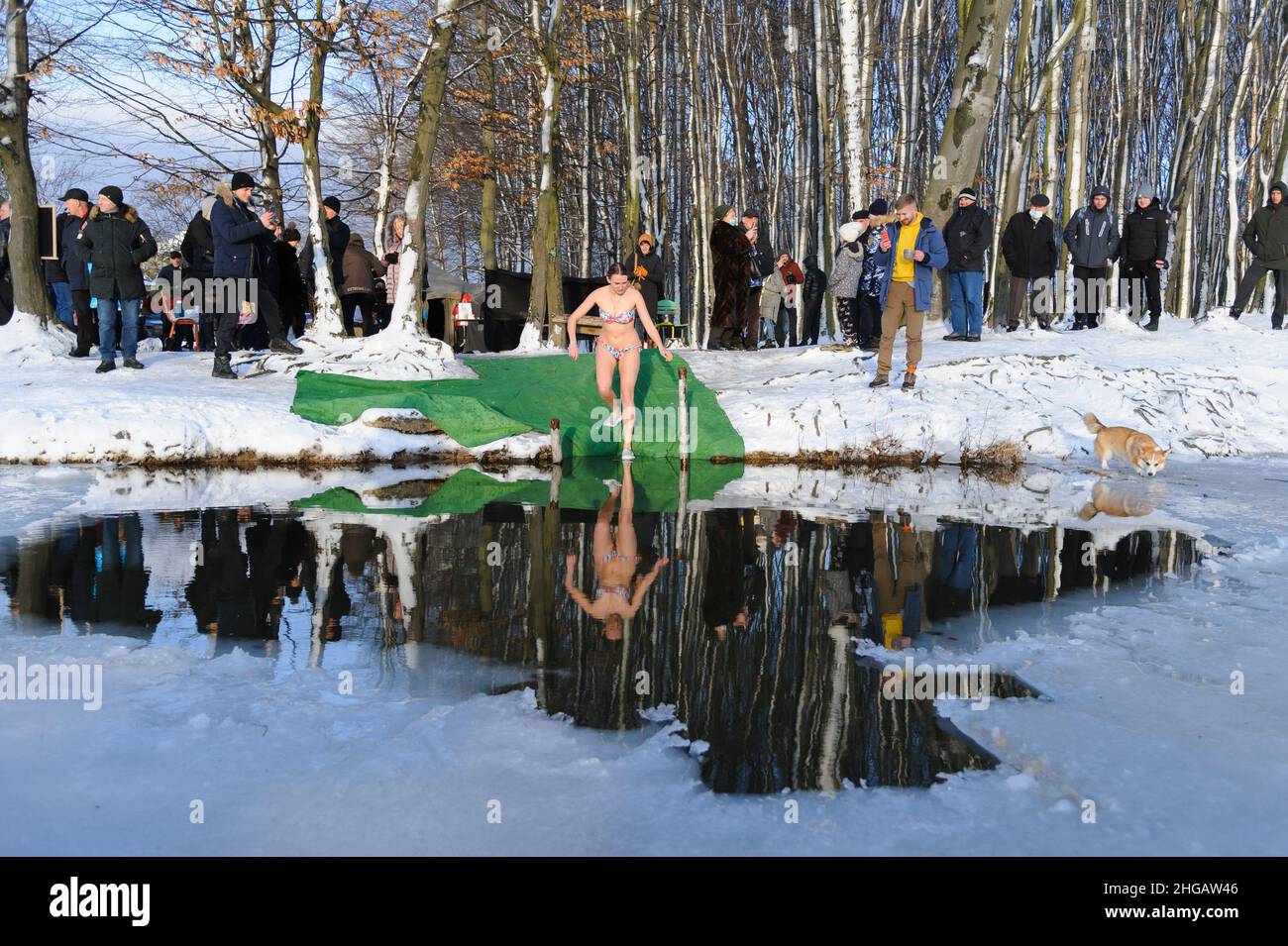 Lviv, Ucraina. 19th Jan 2022. Una donna visto entrare in acqua durante la celebrazione di Epiphany.People crede che l'acqua ha proprietà healing speciali e può essere usata per trattare le varie malattie, così molti prendono i bagni di ghiaccio come parte della relativa celebrazione. Credit: SOPA Images Limited/Alamy Live News Foto Stock