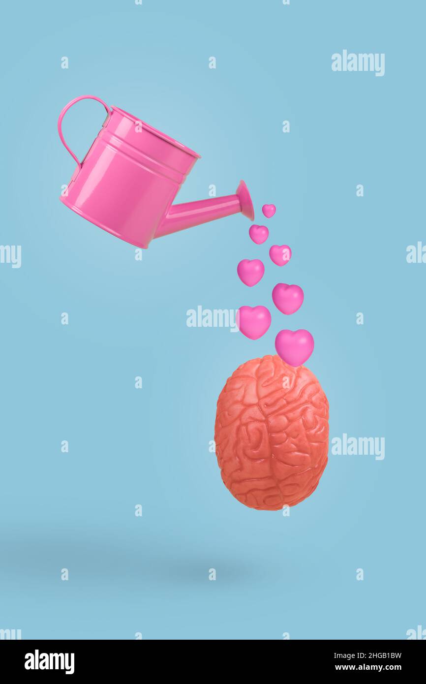 Annaffiatura può versare cuori rosa pastello. Idea minima creativa fatta di cervello umano con cuori rosa e innaffiare può. Concetto di San Valentino. Creativa Foto Stock