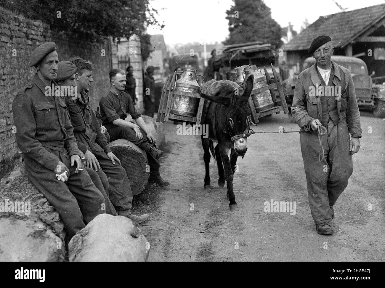 Francia settentrionale seconda guerra mondiale 1944 soldati britannici che osservano l'agricoltore francese che consegna il latte con un asino. FILE PIÙ GRANDI DISPONIBILI SU RICHIESTA Foto Stock