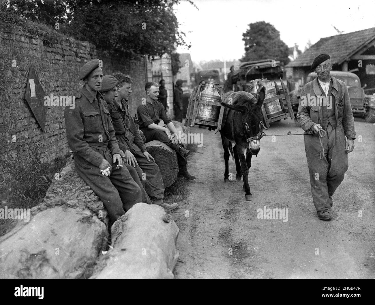Francia settentrionale seconda guerra mondiale 1944 soldati britannici che osservano l'agricoltore francese che consegna il latte con un asino. FILE PIÙ GRANDI DISPONIBILI SU RICHIESTA Foto Stock