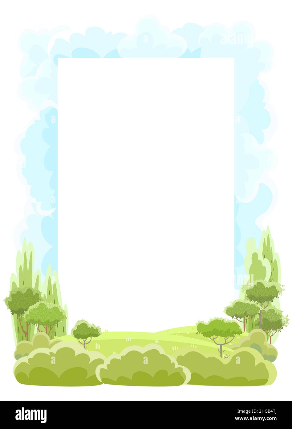 Foresta. Campagna estate bellissimo paesaggio. Cielo. Telaio verticale. Stile cartone animato. Alberi e arbusti. Inserire il testo. Bellezza romantica. Design piatto Foto Stock