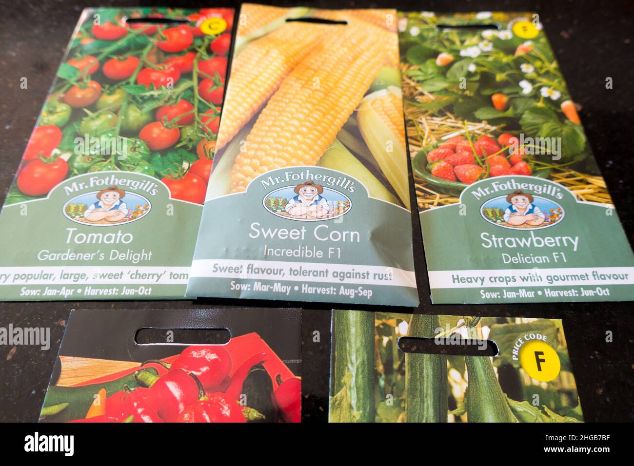 Vari pacchetti di semi vegetali prodotti e venduti da MR. Fothergill's. Foto Stock