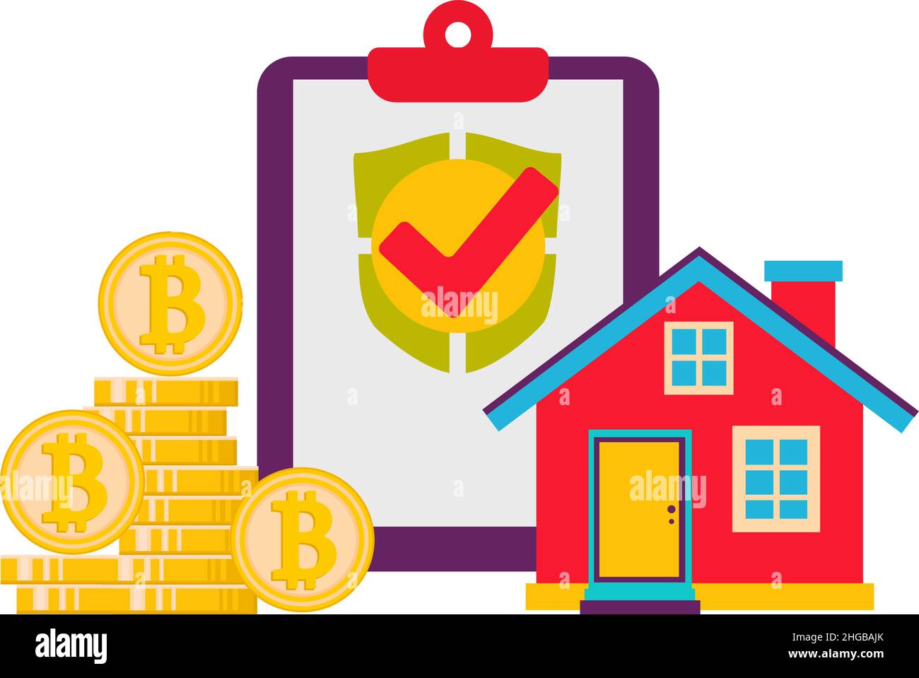 Contratto. Acquisto di una casa utilizzando la valuta Bitcoin. Un contratto innovativo. Pagamento con bitcoins.Vector illustrazione. Illustrazione Vettoriale