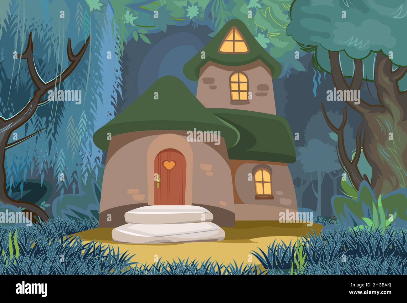 Favolosa casa divertente in compensazione. Notte. Foresta prato paesaggio. Dimora di gnome. Bella illustrazione cartoon. Cute immagine del bambino. Foto Stock