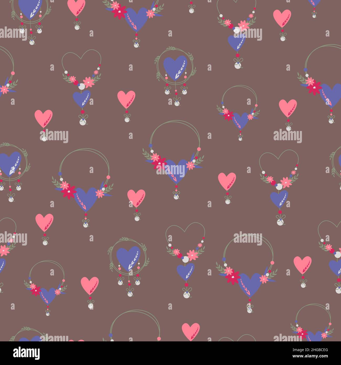 Semplice ripetizione senza giunture. Cuore con archi e perle. San Valentino sfondo. Design piatto in stile boho. Illustrazione Vettoriale