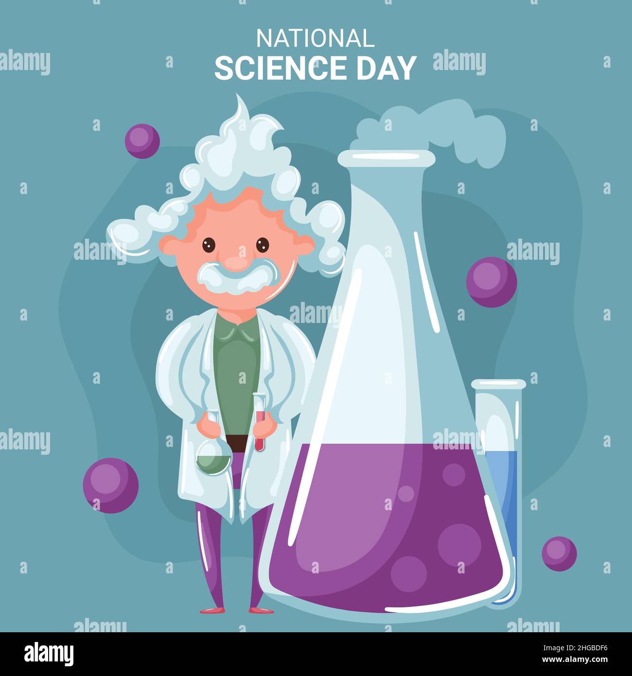giornata scientifica nazionale con scienziato in laboratorio con matraccio di erlenmeyer, provette e matraccio volumetrico Illustrazione Vettoriale