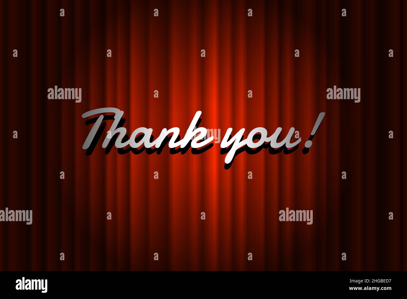 Grazie titolo scritto a mano su sfondo chiuso rosso serico di lusso sipario cinema con fascio di luce illuminato. Vecchio annuncio promozione cinema vettore retro scena poster modello eps illustrazione Illustrazione Vettoriale